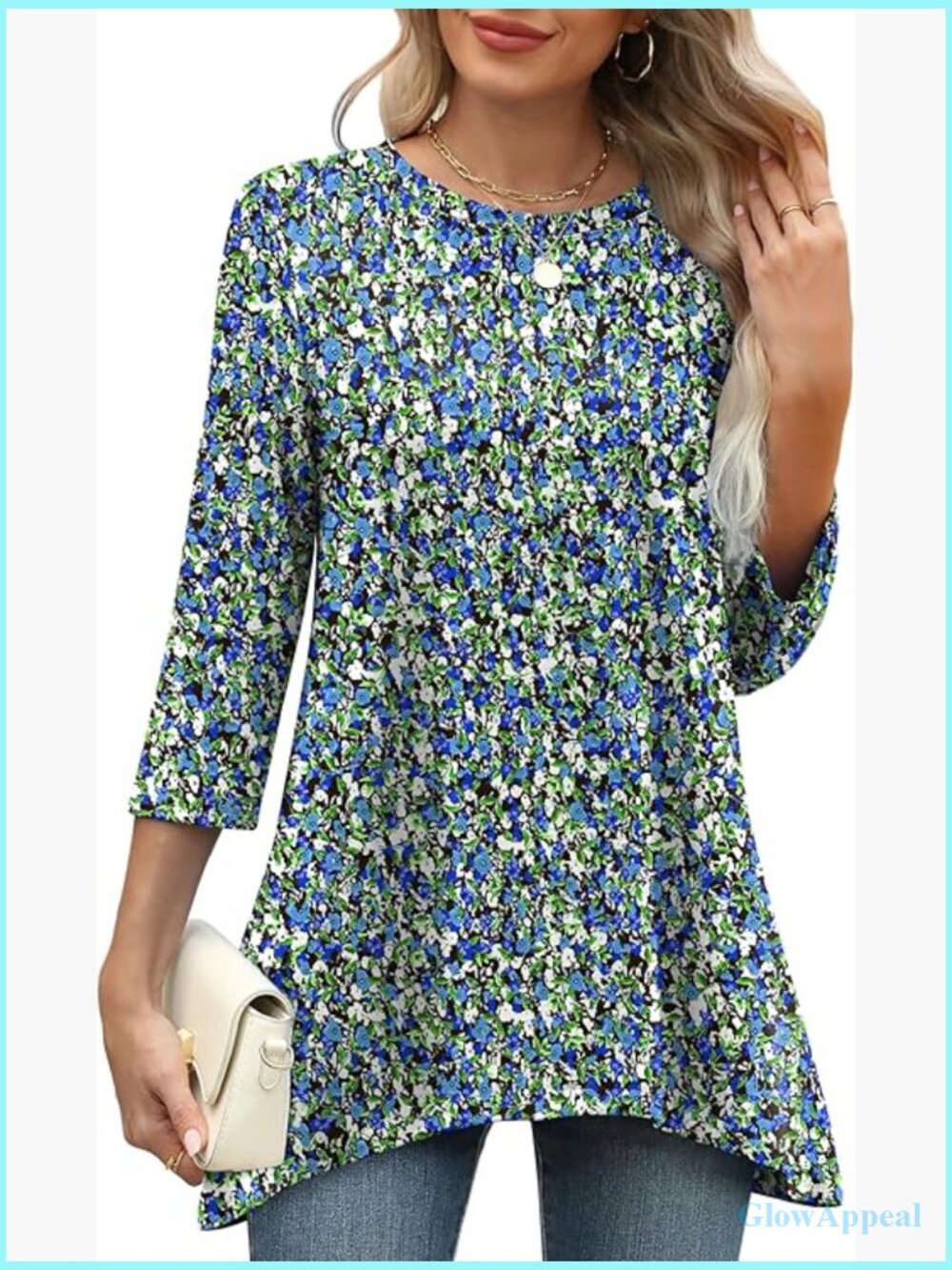 3/4 Sleeve Tunic Top with Asymmetrical Hem, Loose Fit, Polyester Spandex - Picture 1 of 7